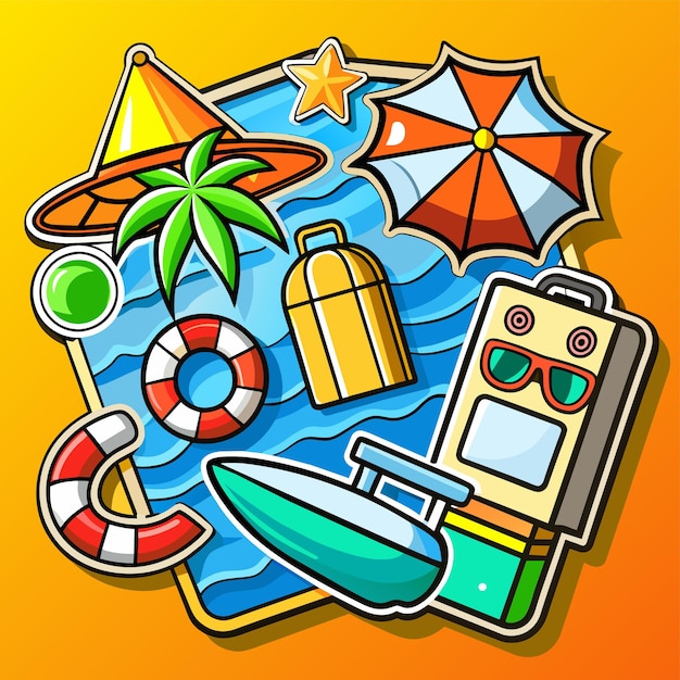 Vector vacaciones de verano, vacaciones, viajes, elementos de playa, dibujados a mano, adhesivos de dibujos animados de estilo plano, concepto de icono.