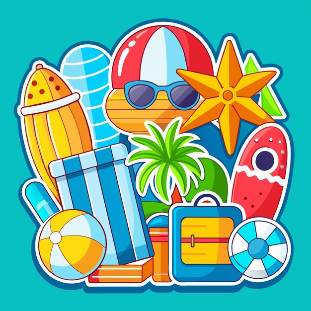 Vector vacaciones de verano, vacaciones, viajes, elementos de playa, dibujados a mano, adhesivos de dibujos animados de estilo plano, concepto de icono.