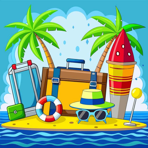 Vector vacaciones de verano, vacaciones, viajes, elementos de playa, dibujados a mano, adhesivos de dibujos animados de estilo plano, concepto de icono.