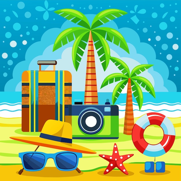 Vector vacaciones de verano, vacaciones, viajes, elementos de playa, dibujados a mano, adhesivos de dibujos animados de estilo plano, concepto de icono.