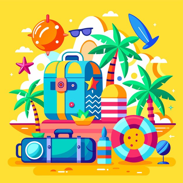 Vector vacaciones de verano, vacaciones, viajes, elementos de playa, dibujados a mano, adhesivos de dibujos animados de estilo plano, concepto de icono.