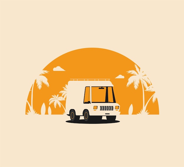 Vacaciones de verano vector ilustración diseño plano playa con coche y surf