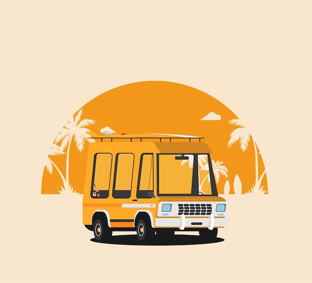 Vacaciones de verano vector ilustración diseño plano playa con coche y surf