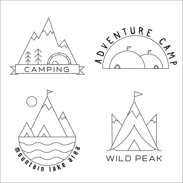 Vacaciones de verano y viajes de línea delgada campamento de montaña temático etiquetas delineadas insignias y emblemas de campamento en estilo de línea delgada concepto de exploración de exploradores de senderismo de aventura