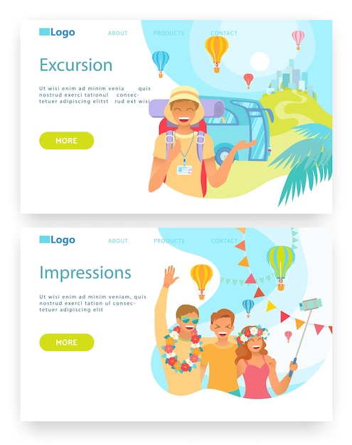 Vacaciones de verano y viajes Turistas felices se toman selfies Guía turística Modelo de diseño de sitio web vectorial Ilustración del concepto de la página de aterrizaje