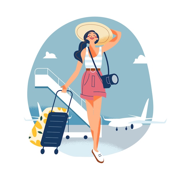Vacaciones de viaje de niña feliz con sombrero mujer joven caminando cerca de las escaleras en el aeropuerto moderno después del vuelo internacional dama pasajera con equipaje y cámara