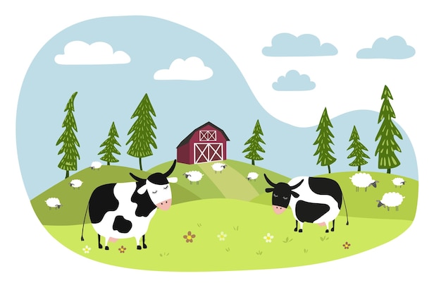 Vacas blancas y negras pastan en un prado Las ovejas comen hierba Granja roja en el fondo