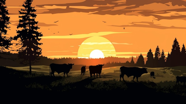 Vector vacas en un campo al atardecer con el sol detrás de ellas