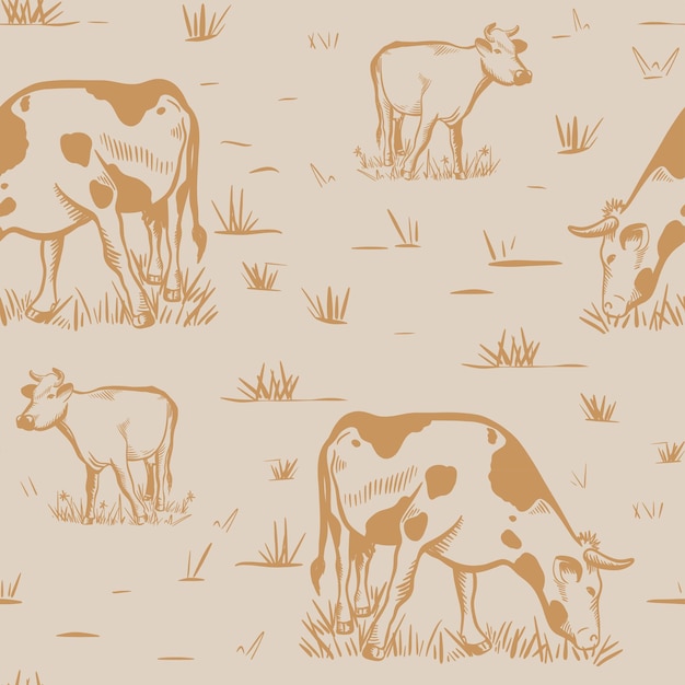 Vacas grabadas a mano pastando en el prado patrón sin costura ganado de impresión agrícola vintage