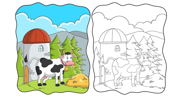 Las vacas de la ilustración de dibujos animados están comiendo heno en la granja cerca del libro de la torre o la página para los niños