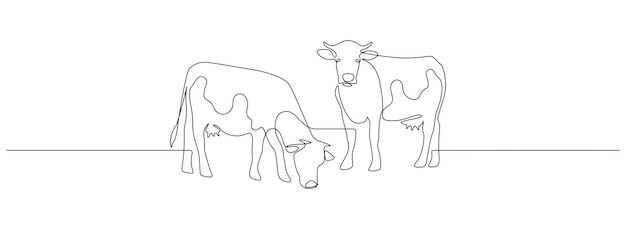 Vacas en pasto en Un dibujo de línea continua Símbolo de pastoreo de animales de ternero de leche y concepto de granja de carne de res en estilo lineal simple Ilustración de vector de contorno de Doodle de trazo editable