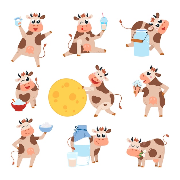 Vacas y productos lácteos Cartoon vaca sostener botella de leche de queso y helado saboroso yogur y crema agria Granja agricultura divertidos personajes vectoriales de clase