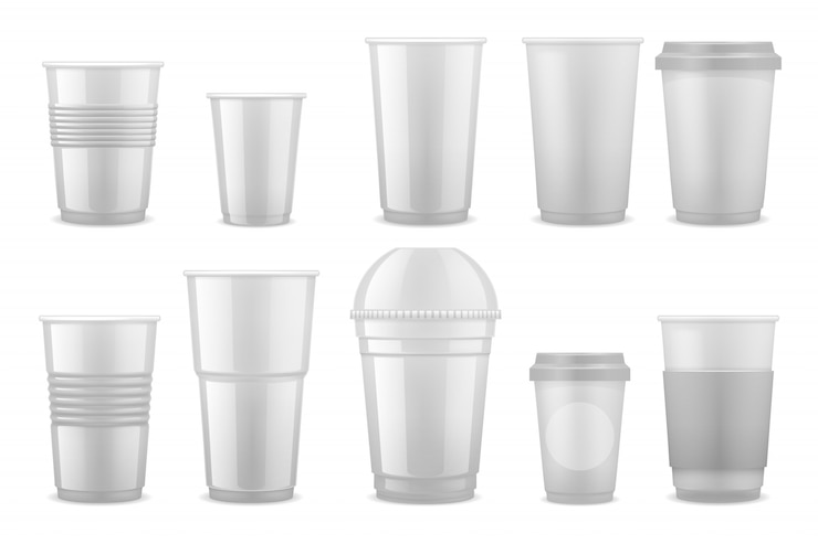 Vector vacíe vasos desechables de plástico blanco transparente, recipientes para llevar