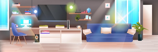 vacío, ningún pueblo, oscuro, sala de estar, interior, moderno, apartamento, con, muebles, horizontal, vector, ilustración