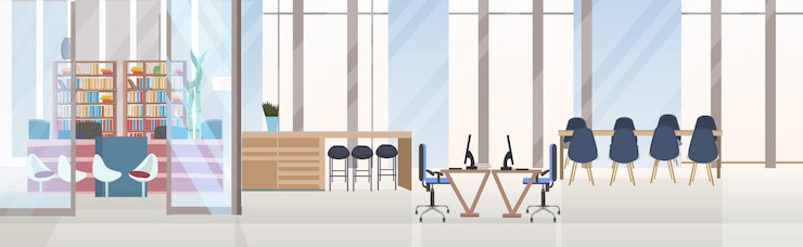 Vector vacío sin personas centro de trabajo creativo conferencia sala de capacitación con mesa redonda espacio de trabajo oficina creativa interior banner horizontal