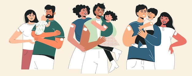 Vacuna y concepto de vacunación familiar Conjunto de padres jóvenes con niños y bebés después de la inyección Seguro de salud Vacunación de niños y bebés protección contra infecciones