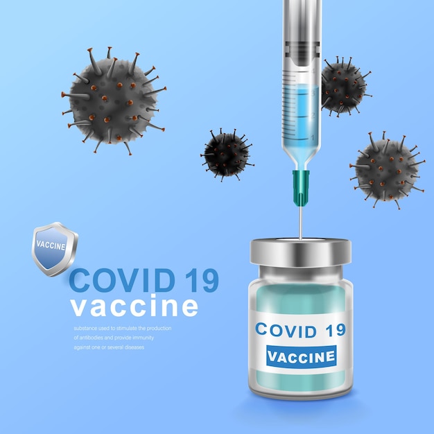 Vacuna para el coronavirus. tratamiento de inmunización. botella de vacuna y herramienta de inyección de jeringa para covid19.