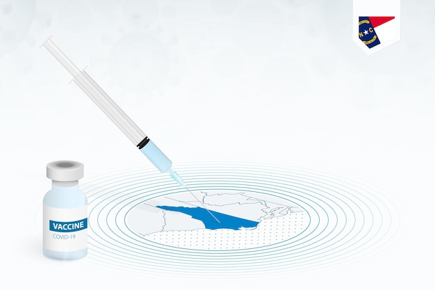 Vacuna covid-19 en carolina del norte, ilustración de vacunación contra coronavirus con botella de vacuna e inyección de jeringa en el mapa de carolina del norte.