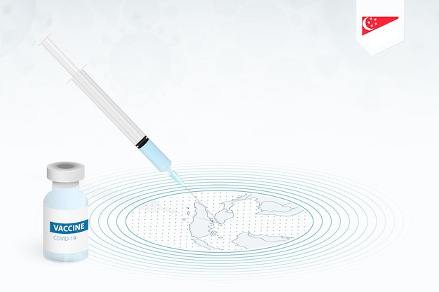 Vacuna COVID-19 en Singapur, ilustración de vacunación contra coronavirus con botella de vacuna e inyección de jeringa en el mapa de Singapur.