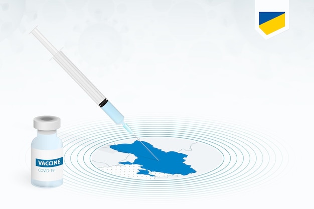 Vacuna covid-19 en ucrania, ilustración de vacunación contra el coronavirus con botella de vacuna e inyección de jeringa en el mapa de ucrania.
