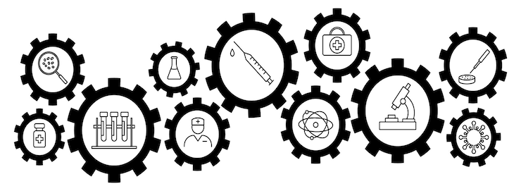 Vector vacuna de desarrollo y creación investigación clínica laboratorio de anticuerpos tratamiento inmunitario jeringa vacunas para provenir iconos de línea vectorial elementos de carrera editables de sujetos médicos