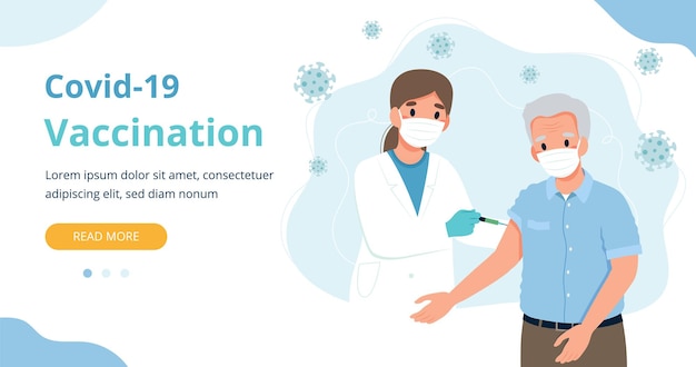 Vacunación para ancianos, ancianos y un médico con una jeringa. Ilustración de vector de plantilla de página web de banner en estilo de dibujos animados plana
