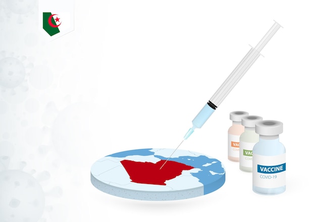 Vacunación en Argelia con diferentes tipos de vacuna COVID-19. ÃƒÂ Ã‚Â¡oncept con la inyección de la vacuna en el mapa de Argelia.