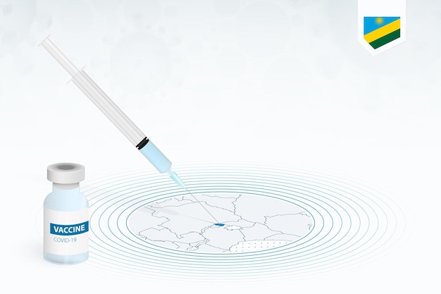 Vacunación covid-19 en ruanda, ilustración de vacunación contra coronavirus con botella de vacuna e inyección de jeringa en el mapa de ruanda.