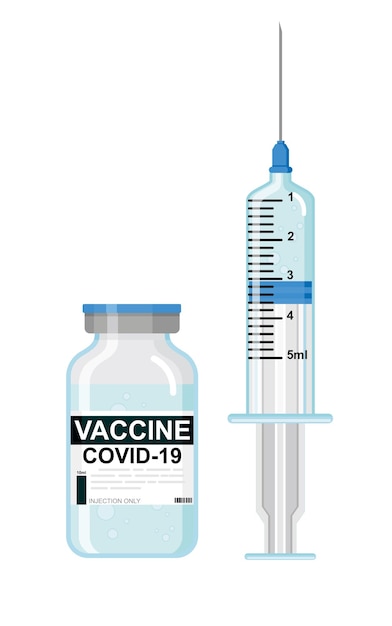 Vacunación frente al coronavirus covid-19 con vial y jeringa de vacuna para el tratamiento de prevención del covid19. concepto de diseño web plano moderno. ilustración vectorial.