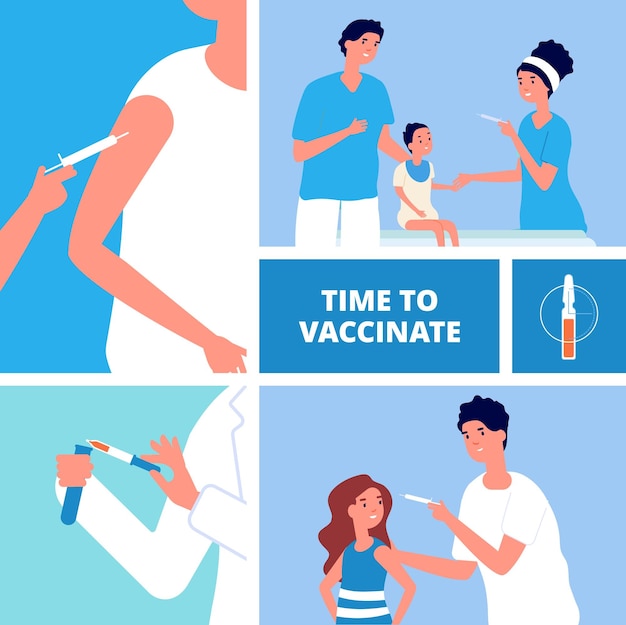 Vector vacunación hora de vacunar la vacuna innovadora para adultos y niños concepto de vector de médicos y pacientes de prevención antivirus de atención médica