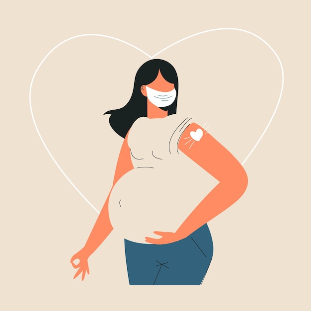 Vacunación de la mujer embarazada concepto de cuidado del amor de la salud. después de la inyección de la vacuna en el hombro. embarazada recibiendo la vacuna. mujer con mascarilla mostrando el brazo con vendaje. ilustración vectorial plana