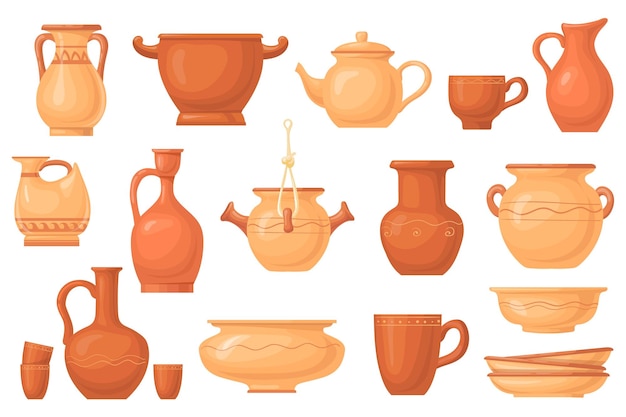 Vector vajilla de arcilla de dibujos animados utensilios de ceramico antiguos olla de barro marrón recipientes taza jarra tazón platos de cerámica antiguos imagen cerámica utensilios de cocina icono ilustración vectorial ordenada