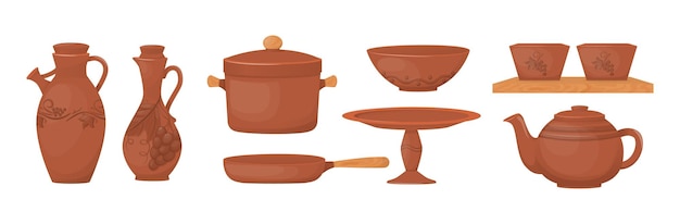 Vajilla de barro antiguo con patrones establecidos. Platos de utensilios de cocina antiguos, plato, jarra, olla, cacerola