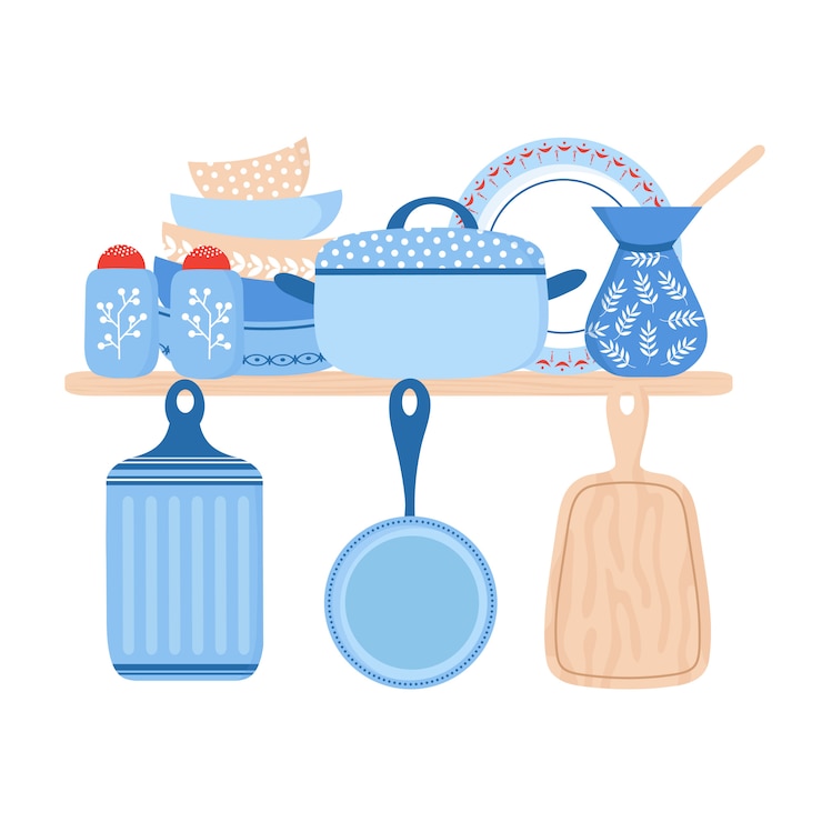 Vector vajilla de cocina de cerámica. ilustración de platos, sartenes y cuencos de porcelana azul