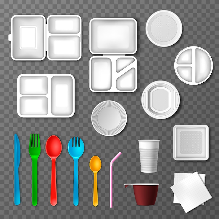 Vector vajilla de plástico picnic cubiertos desechables cuchara tenedor plato comida para llevar envases y bebidas en taza ilustración conjunto de utensilios de cocina o vajilla vacía aislado sobre fondo transparente