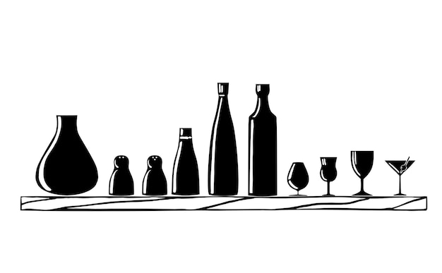 Vajilla en una silueta de estante Botellas jarras decantadores vasos copas