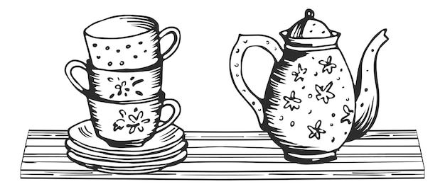 Vajilla de té de pie en el estante de la cocina de madera Bosquejo de tinta negra