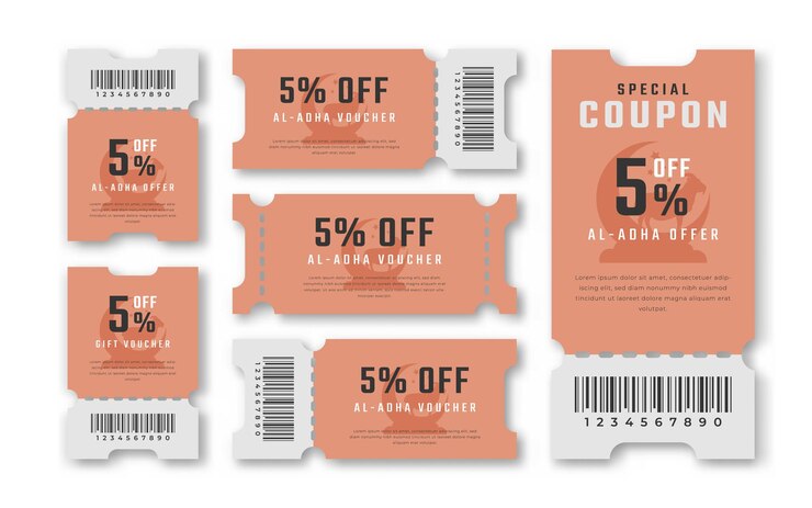 Vector vale de descuento de cupón de venta de al adha 5 por ciento de descuento para compras con código promocional y mejor promoción minorista