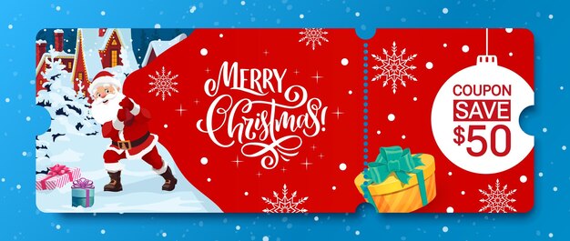 Vale de Navidad con cupón vector Plantilla de boleto de Navidad venta descuento tarjeta de regalo o certificado con dibujos animados Santa Claus tira una bolsa enorme con regalos Cheque de vacaciones para eventos promocionales de temporada