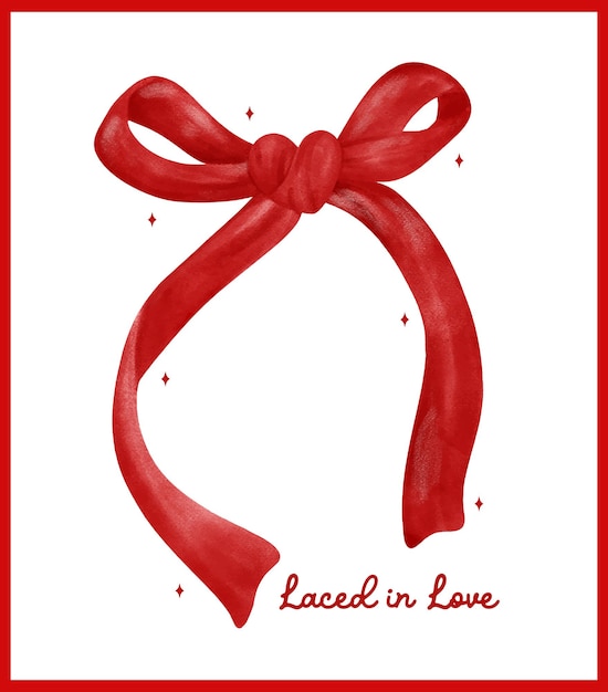 Valentine Coquette Arco de cinta roja Vintage Arte de acuarela en forma de corazón