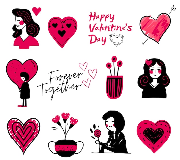 Valentine's day doodle set diseño romántico para tarjetas carteles pancartas elementos vectoriales dibujados a mano