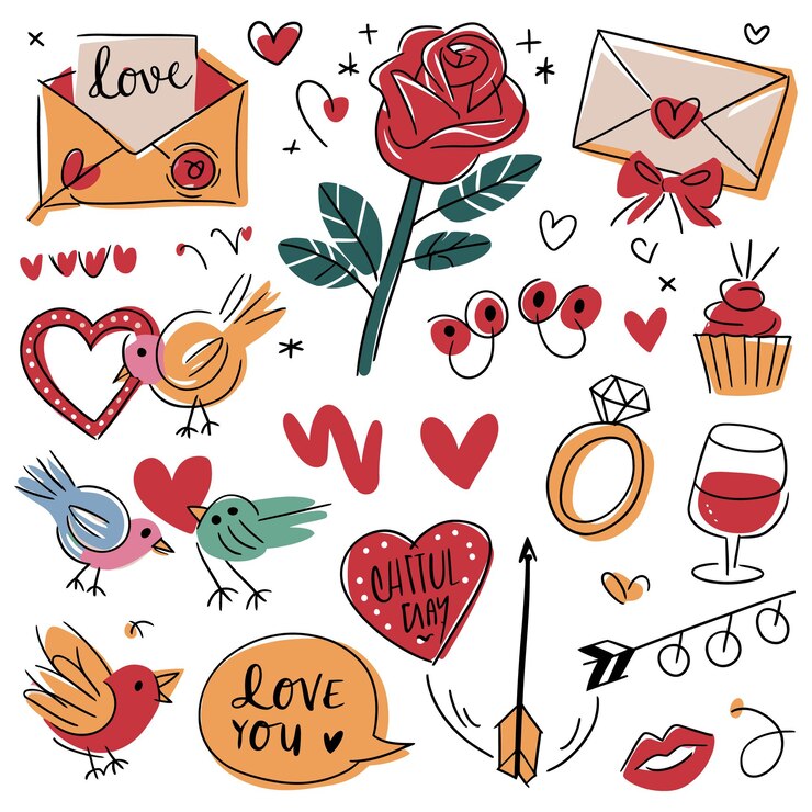Valentine's Day LoveThemed Doodle Set con corazones, rosas y símbolos románticos