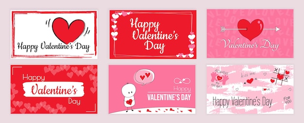 Valentines Day cubre plantillas de tipografía establecidas para redes sociales Diseño de tarjetas de felicitación con corazones rojos y rosados flecha de Cupido linda mascota con declaración de amor señales de vacaciones Ilustración vectorial