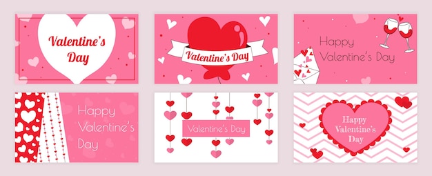 Valentines Day cubre plantillas de tipografía establecidas para redes sociales Diseño de tarjetas de felicitación con felices vacaciones románticas corazón globo y patrones cintas cartas de amor guirnaldas ilustración vectorial