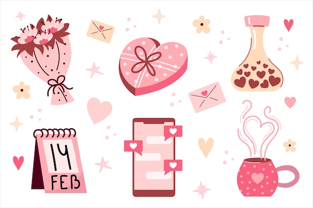 Valentines día elementos decorativos pegatinas colección clipart Conjunto de corazones ramo de taza mensaje