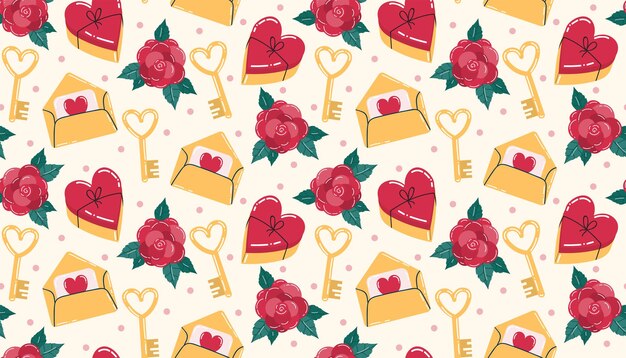 Valentines lindos con un patrón sin costuras con caja de caramelos de corazón y sobre en forma de llave en forma de corazón y flores de rosa