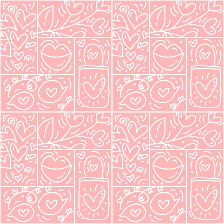 Vector valentines logo vector de patrones sin fisuras amor labios corazón y nube sobre fondo rosa dibujado a mano
