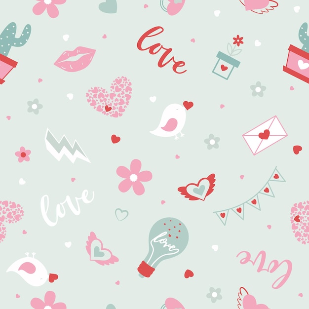 Valentines con un patrón sin costuras Objetos románticos lindos como corazones pájaro y flores