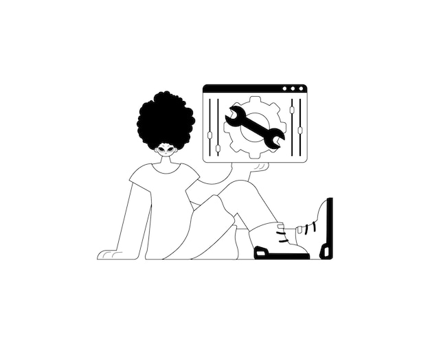 El valet sostiene un navegador con traje e inspira el receptor de televisión, el tema de suscripción, el tema ennegrecido y ceniciento, canto de pájaro, melodía, arte, estilo moderno, ilustración vectorial