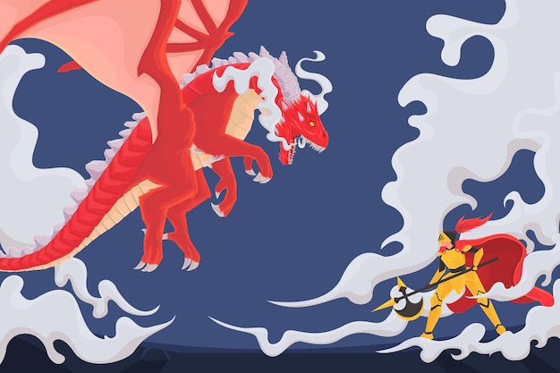 El valiente caballero lucha con dragones a última hora de la noche Flat Design Vector Illustration